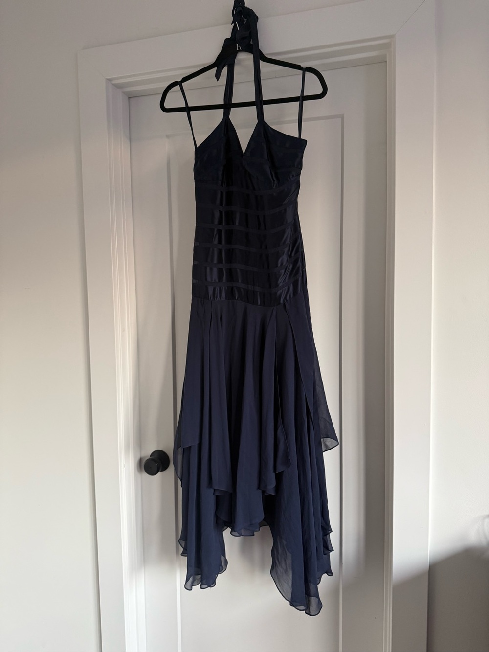 100% Silk Navy Halter-Style Evening Dress